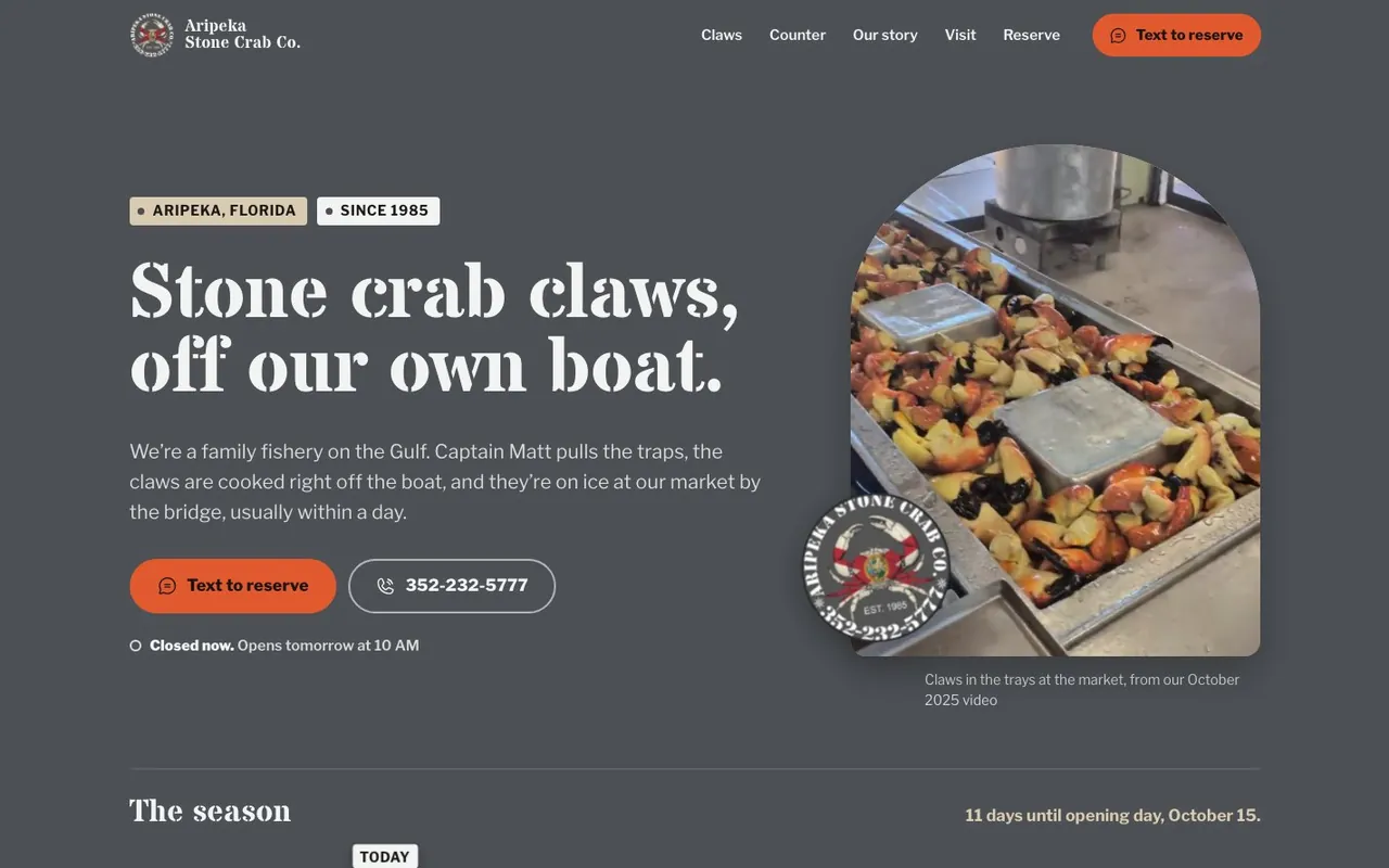 A concept website for a stone crab fishery in Aripeka, Florida.