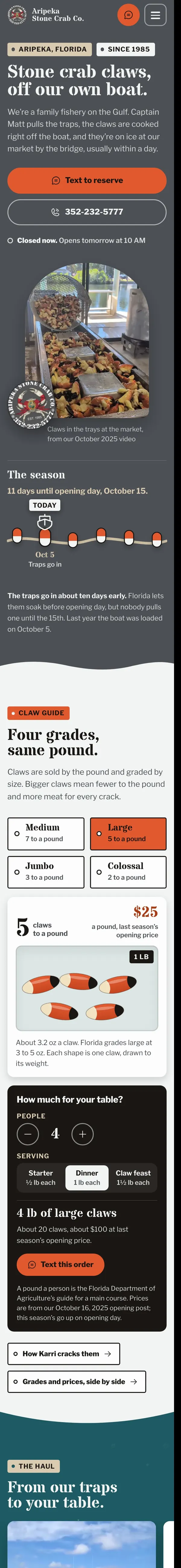 The Aripeka Stone Crab concept site on a phone.