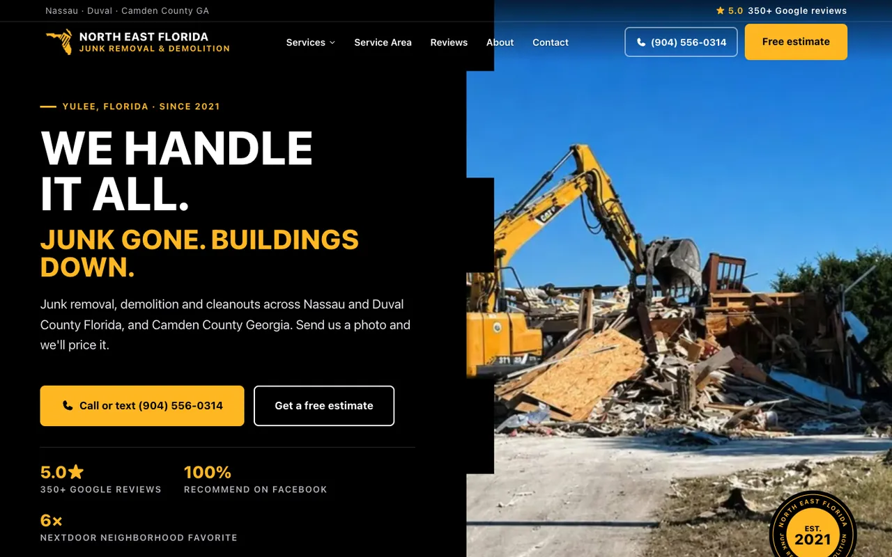 North East Florida Junk Removal and Demolition's website: we handle it all, junk gone, buildings down.