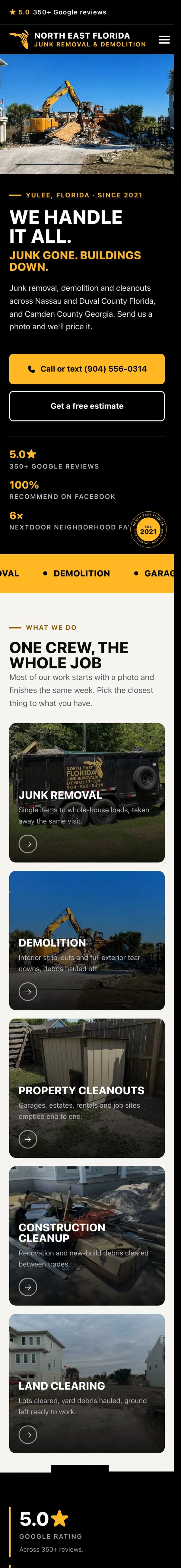 North East Florida Junk Removal and Demolition's website on a phone.