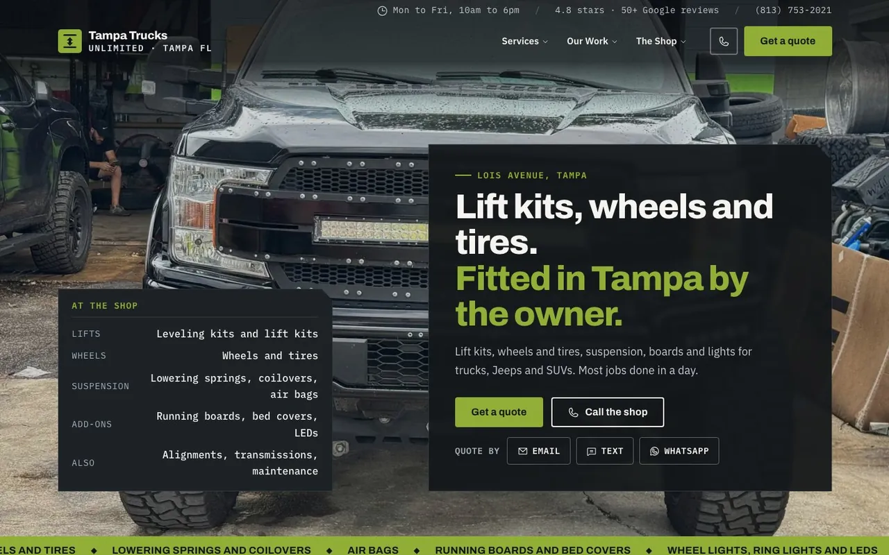 Tampa Trucks Unlimited's website: lift kits, wheels and tires, fitted in Tampa by the owner.